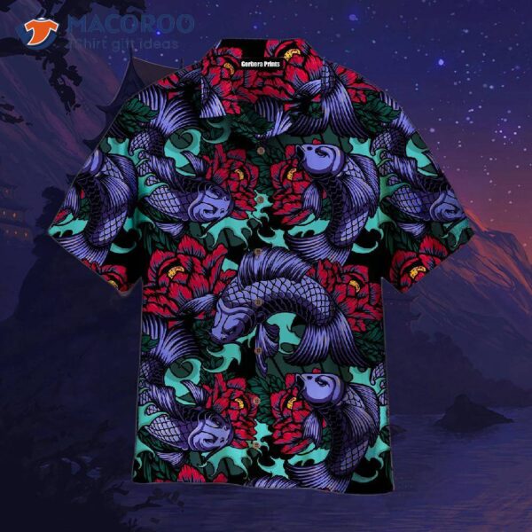 Japanese Koi Fish And Black Hawaiian Shirts