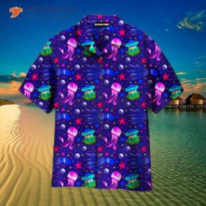 Jellyfish-printed, Colorful Blue And Purple Hawaiian Shirts