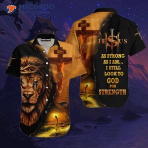 jesus and lion black orange hawaiian shirt 0