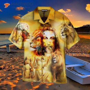 Jesus And The Lion Are Wearing Glowing Yellow Hawaiian Shirts.