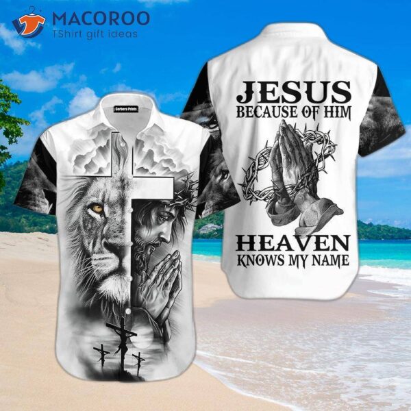 Jesus, Because Of Him, Heaven Knows My Name And Lion Christ Tattooed On Black Hawaiian Shirts.