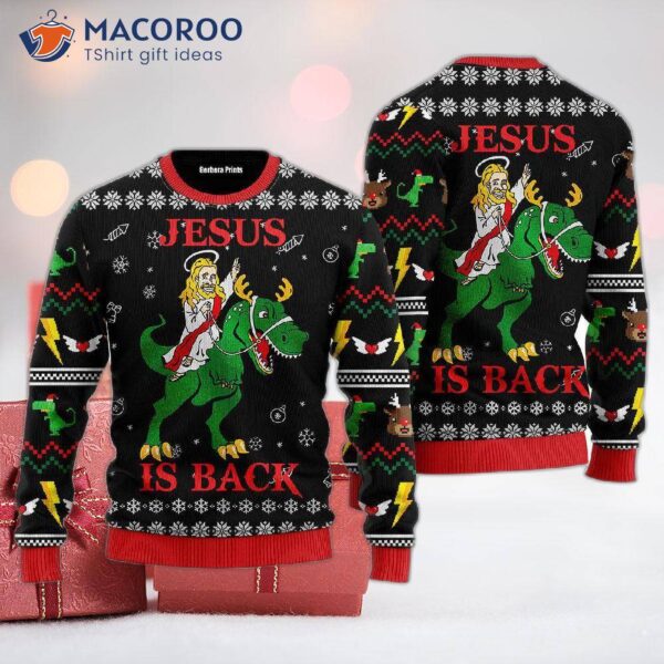 Jesus Is Riding A Dinosaur In Jurassic Park And He Wearing An Ugly Christmas Sweater.