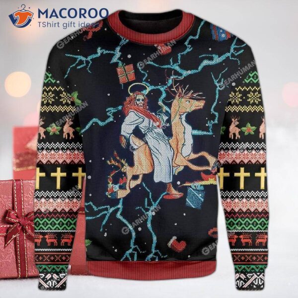 Jesus Riding Reindeer On A Black Ugly Christmas Sweater