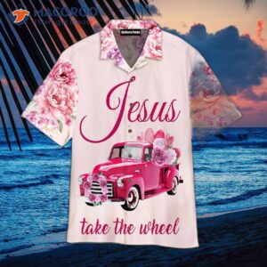 “jesus, Take The Wheel” In Pink Hawaiian Shirts