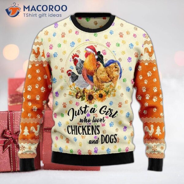 Just A Girl Who Loves Chickens And Dogs, Ugly Christmas Sweater.