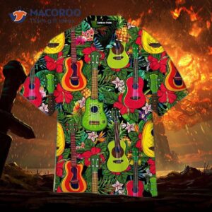 King Kameha Ukulele Music Instruments, Tropical Red And Green Hawaiian Shirts.