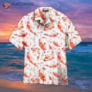 Koi Fish And Cherry Blossom White Hawaiian Shirt