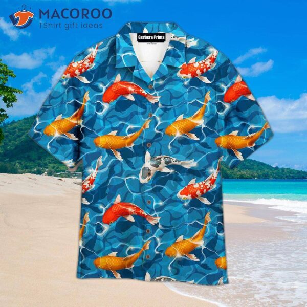 Koi Fish Wave In The Water And Wear Blue Hawaiian Shirts