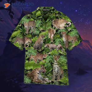 leopard printed palm leaf patterned green hawaiian shirt 0