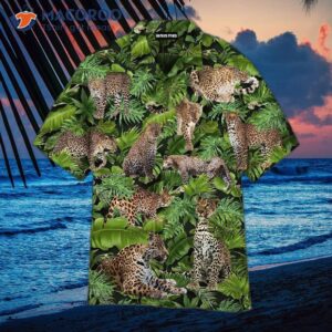 Leopard-printed Palm-leaf Patterned Green Hawaiian Shirt