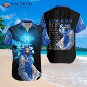 Lord Jesus Is My God, Lion Cross Black And Blue Hawaiian Shirts.