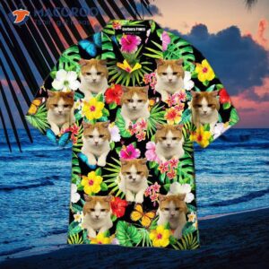 Lovely Cat Sitting On A Tropical Hawaiian Shirt