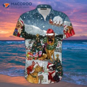 Lovely Dogs Wearing Christmas Tree Snow-patterned Hawaiian Shirts