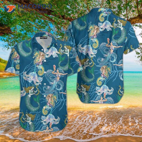 Lovely Mermaid, Sea Horse, Coral Reef, And Hawaiian Shirts