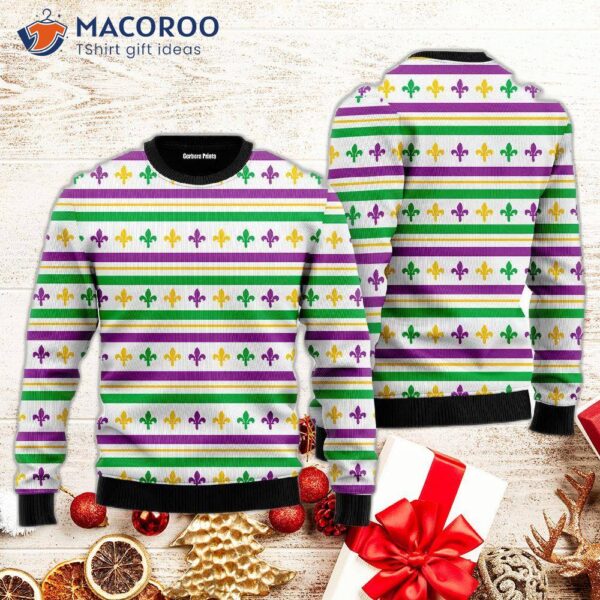 Mardi Gras-striped Seamless Ugly Christmas Sweater