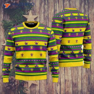 Mardi Gras-striped, Yellow, Ugly Christmas Sweater