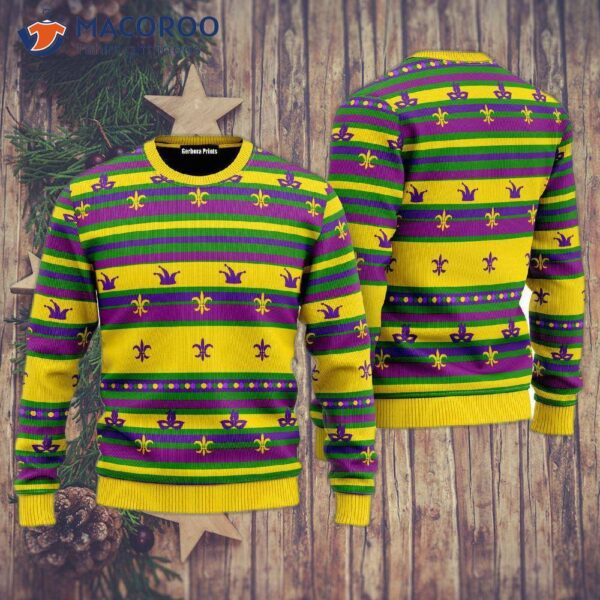 Mardi Gras-striped, Yellow, Ugly Christmas Sweater