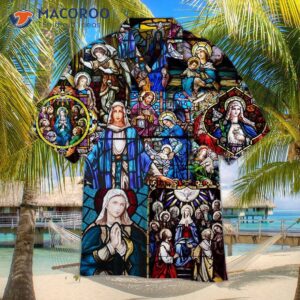 Mary’s Coronation Religious-themed Hawaiian Shirts With Stained Glass Jesus Designs