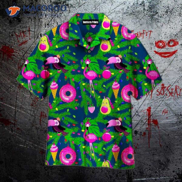 Merry Christmas! Flamingo, Parrot, Donut, And Avocado Ice Cream Hawaiian Shirts On Christmas Day.