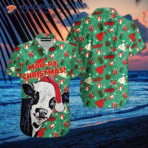 merry christmas funny xmas cow green hawaiian shirts 0