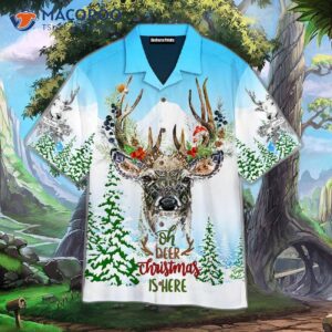 Merry Christmas With White And Blue Hawaiian Shirts Adorned Deer.