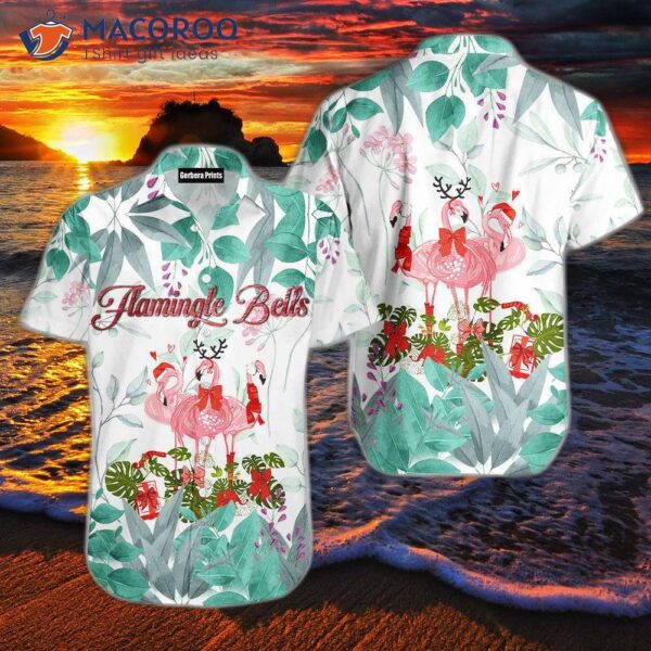 Merry Flamingos On Christmas Day In Blue, Pink, And White Hawaiian Shirts.