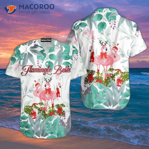 Merry Flamingos On Christmas Day In Blue, Pink, And White Hawaiian Shirts.