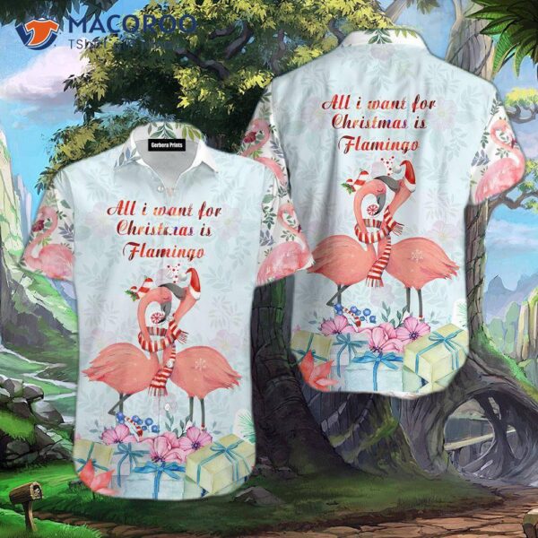 Merry Flamingos On Christmas Day In Pink And White Hawaiian Shirts