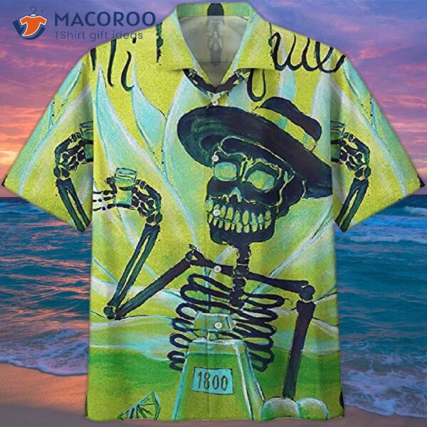 Mexican Tequila Skeleton Art Tropical Green Hawaiian Shirt