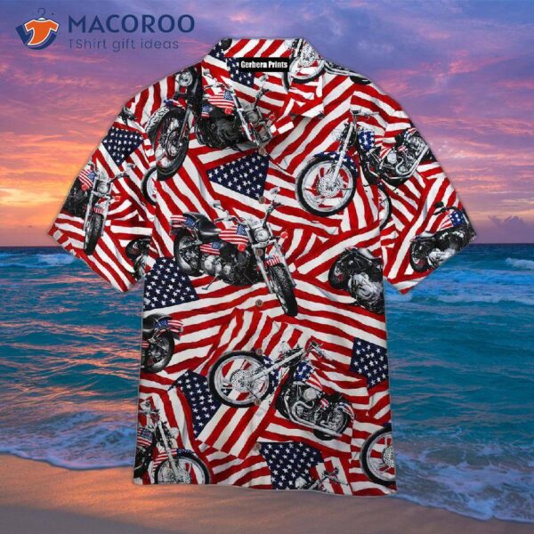 Motorcycles, American Flag, Red And White Hawaiian Shirts