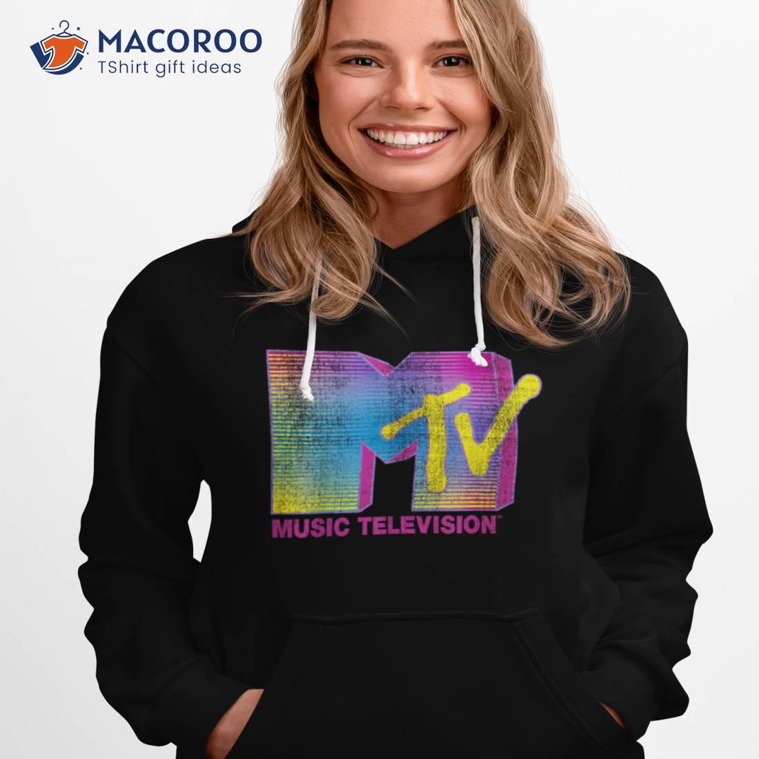Mtv Distressed Fluorescent Gradient Logo Crew Neck Classic Fit Shirt Black, Adult Mtv Distressed Fluorescent Gradient Logo Crew Neck Classic Fit Shirt Black, Adult