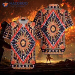 Multi-colored Celestial Sun, Moon, And Planet Pattern Red Blue Hawaiian Shirts
