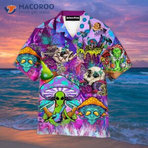 Mushroom-patterned, Alien-themed, Trippy Purple Hawaiian Shirts