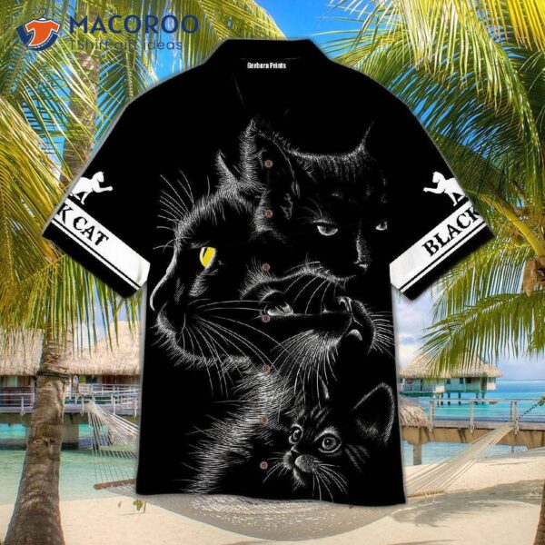 Mystic Black And White Hawaiian Shirts With A Cat Design.