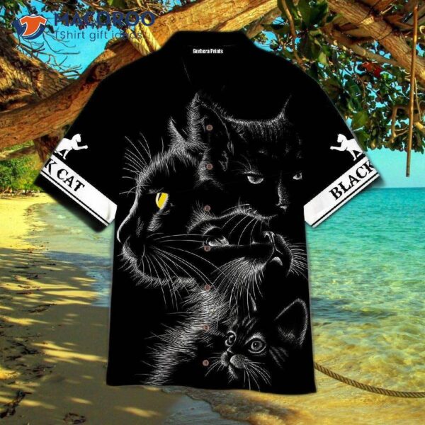 Mystic Black And White Hawaiian Shirts With A Cat Design.