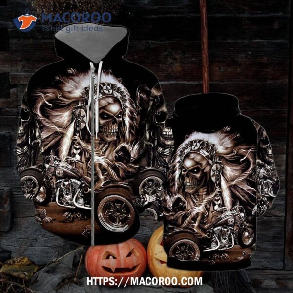 Native Skull Motorcycle All Over Print 3D Hoodie, Halloween Gifts For Girlfriend