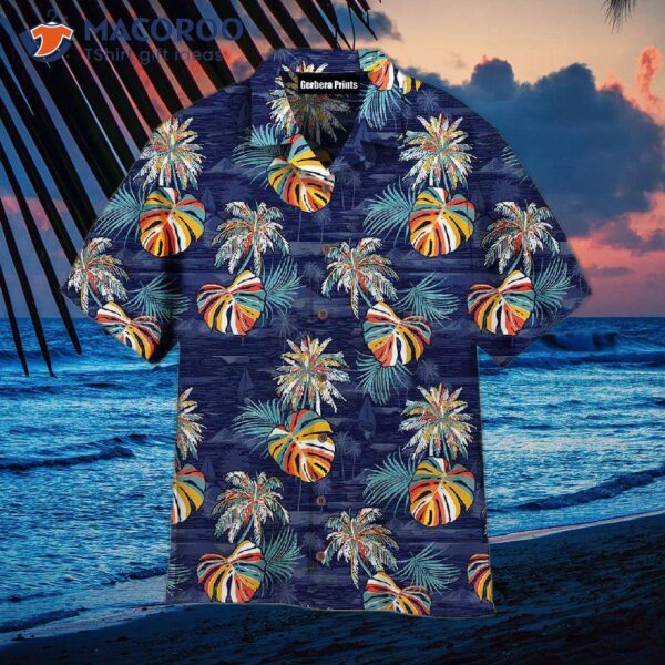 Navy Blue Palm Leaf Island Pattern Hawaiian Shirts