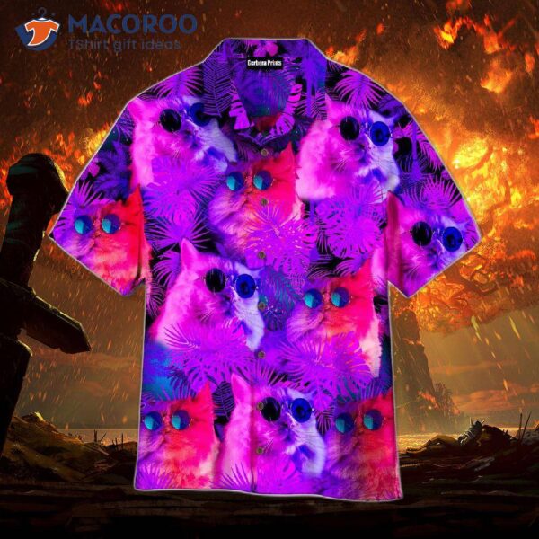 Neon Cat Hawaiian Shirts With Tropical Palm Leaf Pattern