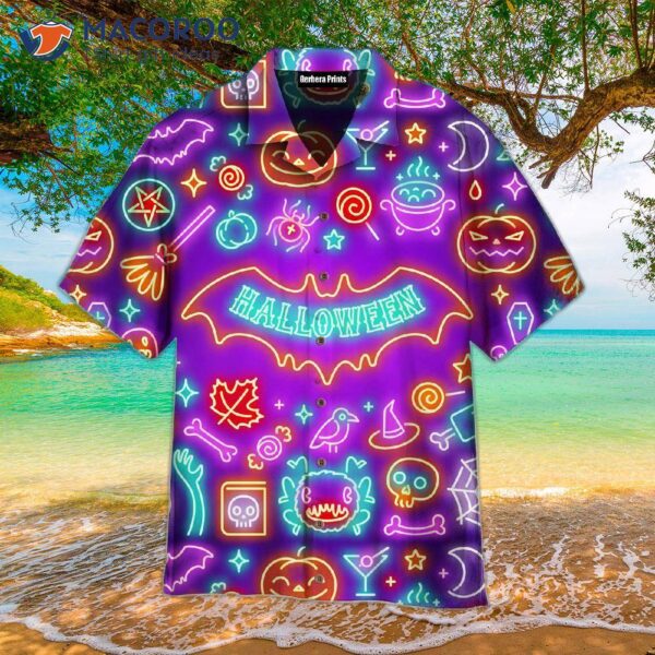 Neon Halloween Night Patterned Violet And Colorful Hawaiian Shirts