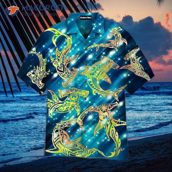 Neon Hammerhead Shark Maori Blue Hawaiian Shirts