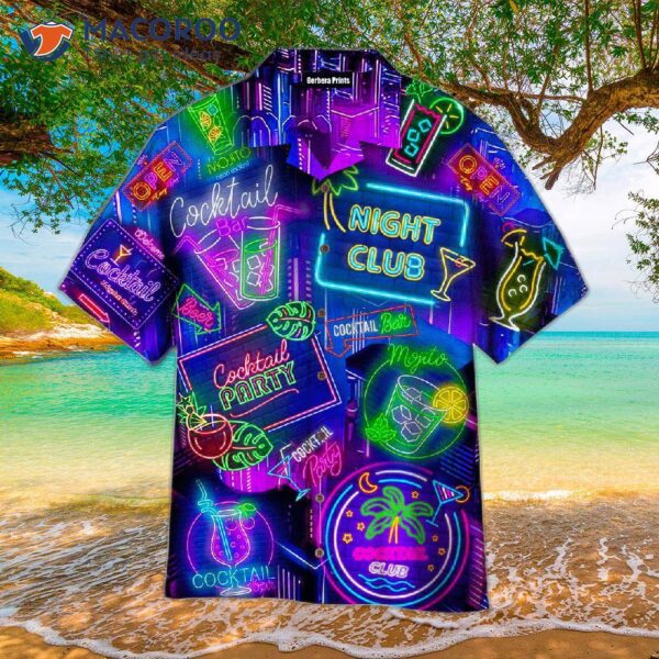 Neon Margarita Cocktail Night Club Blue And Violet Hawaiian Shirts