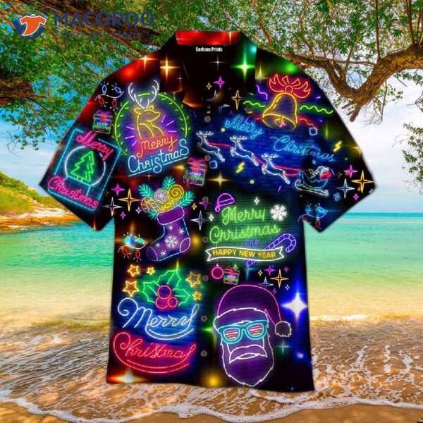 “neon Merry Christmas And Happy New Year! Colorful Lights Hawaiian Shirts!”