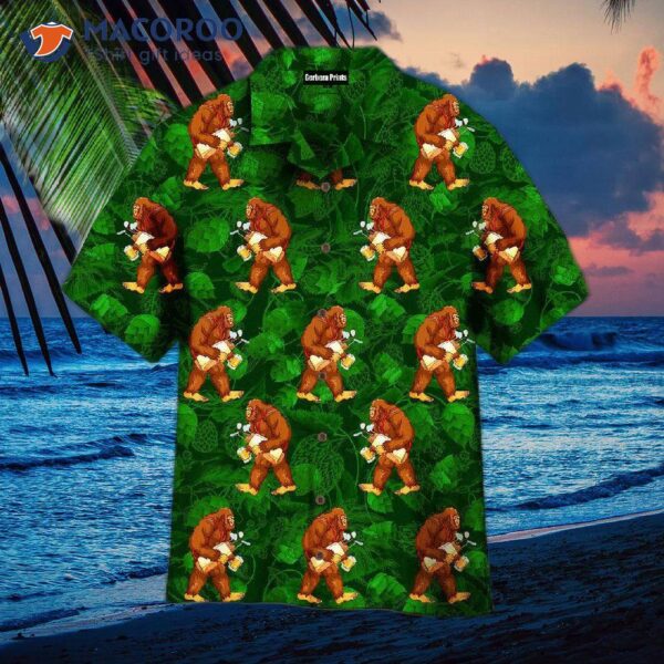 Octoberfest Bigfoot Love Golf And Beer Leaves Pattern Green Hawaiian Shirts