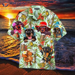 Octoberfest Dachshunds Drinking Beer With Coconut Palm Leaf Patterned Hawaiian Shirts