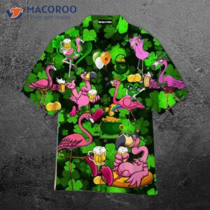 Octoberfest Flamingos Drinking Beer On St. Patrick’s Day With A Clover Pattern Hawaiian Shirt