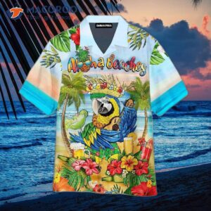 octoberfest parrot beaches beer and margarita cocktail colorful tropical flowers hawaiian shirts 0