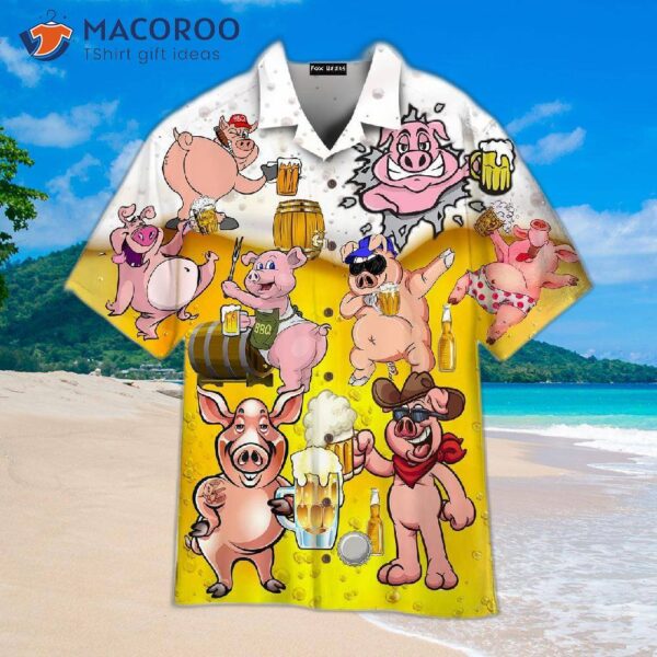 Octoberfest Pigs In America Drinking Beer Pink And White Hawaiian Shirts