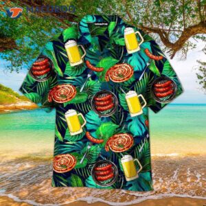 Octoberfest Sausages And Beer Big Set Of Barbecue Party Food Palm Leaf Pattern Hawaiian Shirts
