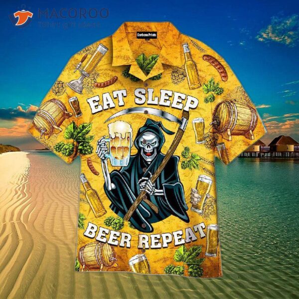 Octoberfest Skeleton Eat, Sleep, Beer, Repeat Barley Yellow Hawaiian Shirts