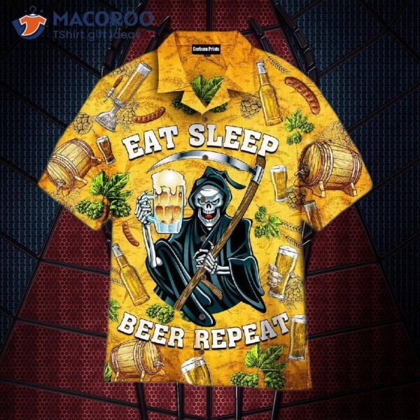 Octoberfest Skeleton Eat, Sleep, Beer, Repeat Barley Yellow Hawaiian Shirts